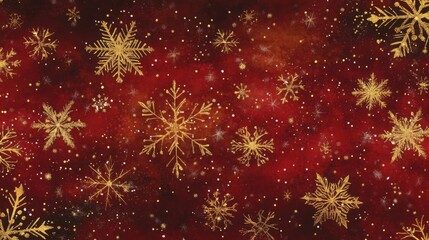 Poster - Glistening golden snowflakes float across a vibrant red background, evoking a cheerful and festive holiday spirit perfect for seasonal decorations and celebrations.