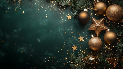 Poster - The image shows a dark green background with a variety of gold Christmas ornaments, including round ornaments, star-shaped ornaments, and a pine branch.