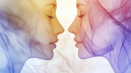 Leinwandbilder - Pastel silhouettes of two faces gently merge, illustrating the essence of communication and deep empathy between individuals. Generative AI