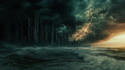 Poster - Dark clouds loom over a coastal city at dusk as lightning strikes, highlighting the skyline and turbulent sea below. Generative AI