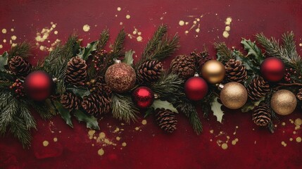 Poster - A garland of green pine branches, holly leaves, and pine cones decorated with red and gold ornaments rests on a red background with gold speckles.