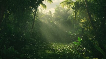 Aufkleber - Dappled sunlight illuminates a lush tropical forest, revealing dense greenery and a tranquil atmosphere in the warm afternoon. Generative AI
