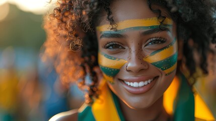 Wall Mural - Brazilian Woman with Painted Flag Celebrating Football at Sunset