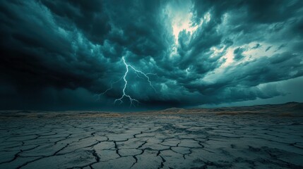 Poster - Dark storm clouds gather over a barren desert, with lightning striking the cracked ground as the atmosphere becomes increasingly tense. Generative AI