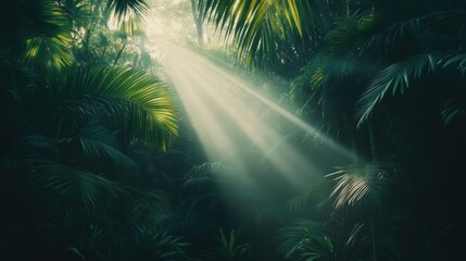 Aufkleber - Dappled sunlight filters through the thick foliage of a tropical forest, illuminating vibrant leaves and creating a peaceful atmosphere. Generative AI