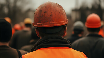 Wall Mural - Construction Worker in Hard Hat Looking Away, safety, orange, building, safety equipment, job site