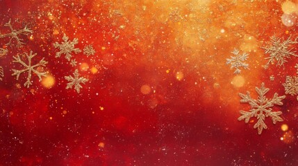 Aufkleber - A red and orange background with an ombre effect, with several gold snowflakes scattered on it. There are also several small, white circular lights scattered on the background.