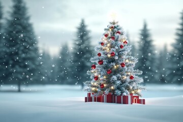 Wall Mural - A Christmas tree with red and white ornaments sits in a snowy field