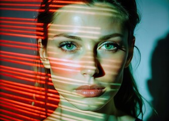 Model hidden behind mirror pattern. Glitched and corrupted female face. Digital woman face for AI technology concept. Reeded Glass. Ribbed Background. Colored Beautiful girl.