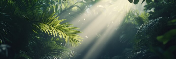 Aufkleber - The warm sunlight streams through dense foliage, illuminating the vibrant greenery of the tropical forest in the morning. Generative AI