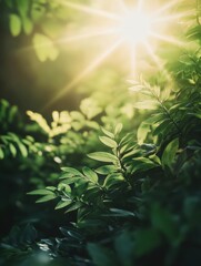 Aufkleber - Bright sunlight illuminates rich foliage in a tropical forest, creating a serene and peaceful atmosphere early in the morning. Generative AI