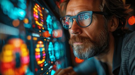 Professional Man Analyzing Digital Stock Market Data at Night in Office