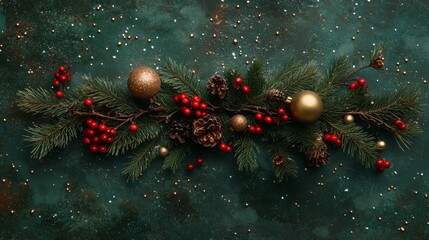 Poster - A green background with pine branches, pine cones, red berries, and gold ornaments scattered across it.
