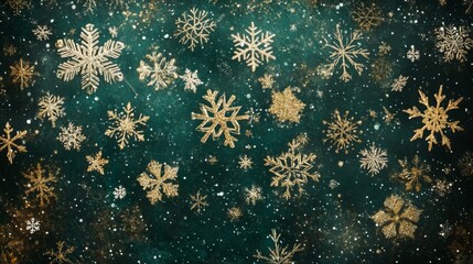 Aufkleber - A beautiful array of intricate golden snowflakes floats against a rich dark teal backdrop, creating a festive atmosphere perfect for winter celebrations.