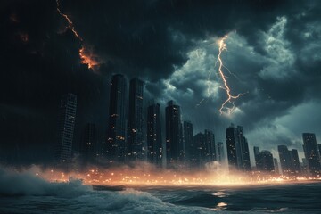 Poster - A turbulent storm approaches a coastal city, with dark clouds looming, lightning striking, and waves crashing against the shore. Generative AI