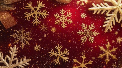 Poster - The image captures elegant golden snowflakes scattered across a rich red backdrop, evoking a cheerful winter holiday spirit. The design is festive and suitable for seasonal celebrations.