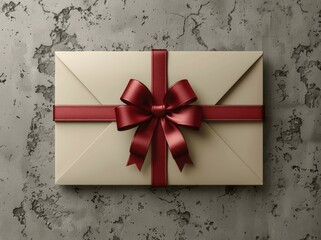 Minimalist white gift card with red ribbon bow on grey background 3D render