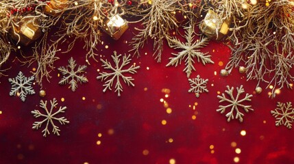 Poster - Gold and silver snowflakes, evergreen sprigs, and small golden ornaments are scattered on a deep red background. Golden lights sparkle in the background.