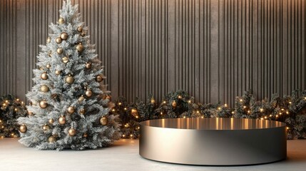 Poster - A frosted Christmas tree with gold ornaments and lights stands in front of a grey textured wall.