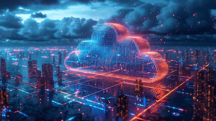 Digital Technology Cloud Computing Concept with Glowing Cityscape and Data Wires