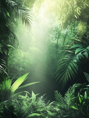 Leinwandbilder - Sunlight streams down, casting warm rays through the foliage of a vibrant tropical forest filled with rich greenery and tranquility. Generative AI