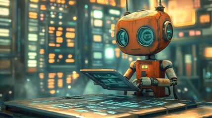 A rusty robot with large blue eyes looks at a digital screen in a futuristic control room.