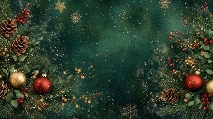 Poster - A flat lay image of pine branches with pine cones, berries, and red and gold ornaments on a dark green background with white snowflakes and gold glitter.