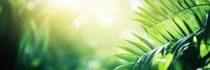 Aufkleber - Soft sunlight streams through the dense foliage of a tropical forest, illuminating vibrant green leaves and creating a peaceful atmosphere. Generative AI