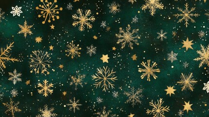 Aufkleber - A green background with numerous golden snowflakes and white stars scattered across. The snowflakes are various sizes and shapes and appear to be hand-painted.