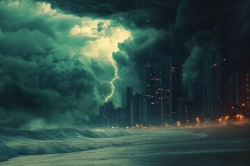 Poster - Dark clouds fill the sky over the coastal city, accompanied by flashes of lightning and turbulent waves along the shore as dusk approaches. Generative AI