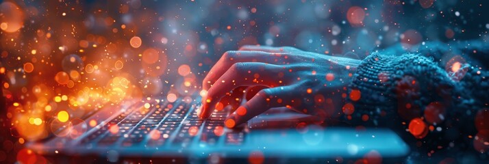 Businesswoman typing on laptop in office with copy space for web banner