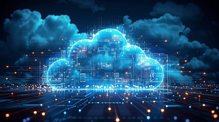 Futuristic Digital Cloud Technology Background with Glowing Elements and Cityscape