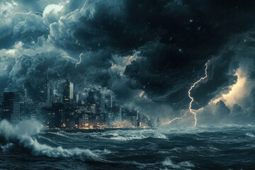 Poster - A storm looms over the busy coastal city, with dark clouds, crashing waves, and lightning lighting up the skyline. Generative AI