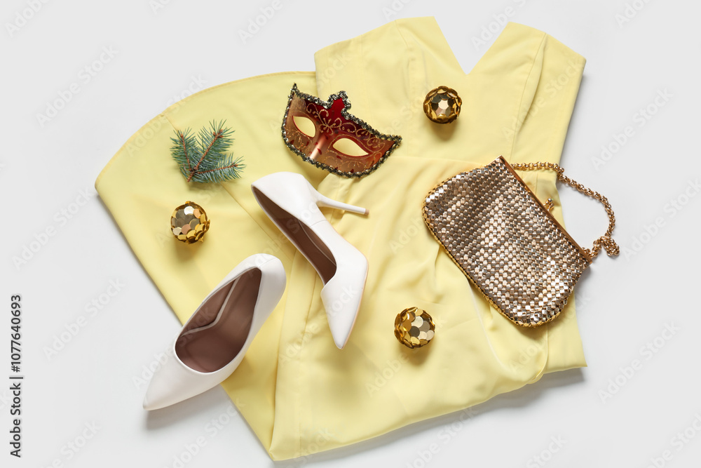 Beautiful composition with stylish clothes, accessories and Christmas decor on white background