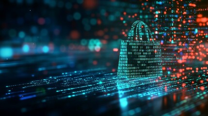 A glowing blue padlock shaped like a shopping bag sits on a digital background made of binary code.
