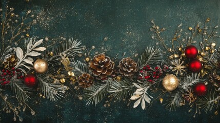 Wall Mural - A flat lay of a holiday-themed arrangement with pine branches, red and gold ornaments, pine cones, and small red berries, all on a dark green background.