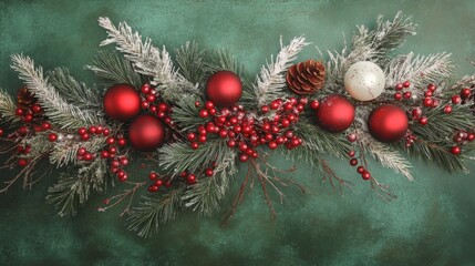 Wall Mural - A green garland with snow-dusted pine branches and red berries is decorated with red ornaments and a single white ornament. There is also a pine cone.