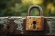 © Steven - A rusty padlock on a weathered wooden gate, symbolizing security and nostalgia, with a blurred natural background creating a serene and vintage atmosphere.