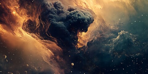 Wall Mural - abstract cosmic nebula, fiery orange and dark blue swirling clouds in space