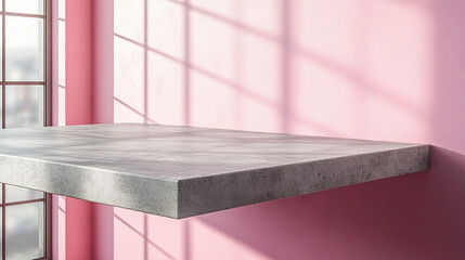 Wall Mural - 3D realistic gray tabletop on pink wall background for product presentation. Empty concrete countertop with window shadow overlay. Clean mockup for beauty advertisement design illustration.