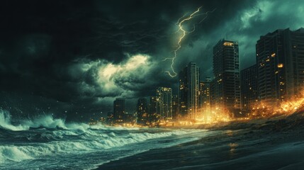 Poster - Dark clouds loom over the coastal city, with flashes of lightning illuminating the skyline while turbulent waves crash ashore. Generative AI
