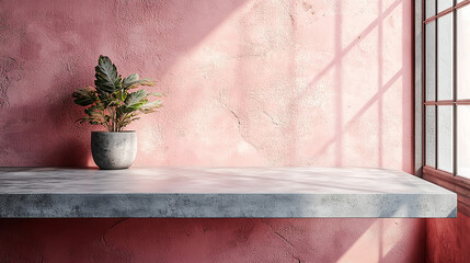 Wall Mural - 3D realistic gray tabletop on pink wall background for product presentation. Empty concrete countertop with window shadow overlay. Clean mockup for beauty advertisement design illustration.