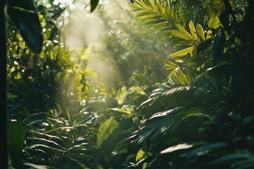 Aufkleber - Sunlight filters through dense leaves in a tropical forest, creating a peaceful, serene atmosphere filled with life and greenery. Generative AI