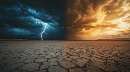 Poster - Dark clouds gather ominously, as lightning slices through the sky above a parched desert, creating a striking contrast at sunset. Generative AI