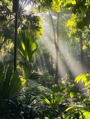 Poster - Sunlight streams through tall trees, creating a tranquil atmosphere in a dense tropical forest filled with rich plant life. Generative AI