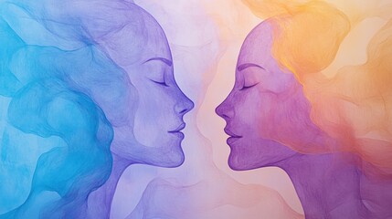 Leinwandbilder - Two abstract silhouettes in pastel shades illustrate the themes of communication and empathy, blending softly into a harmonious background. Generative AI