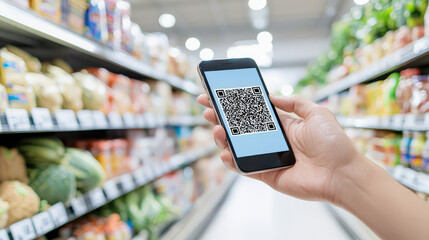 close-up of a hand holding a smartphone with a qr code displayed on-screen in a grocery store aisle,