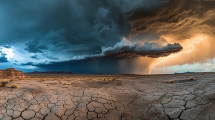 Poster - Dark storm clouds loom over a parched, cracked desert floor, signaling an impending downpour and vivid lightning flashes ahead. Generative AI
