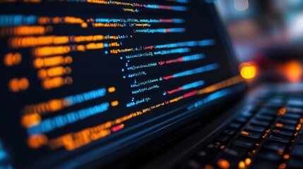 Close-up of a laptop screen displaying code with a blurred background.