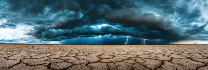 Poster - A powerful storm looms over a dry, cracked desert, with dark clouds gathering and flashes of lightning illuminating the sky. Generative AI